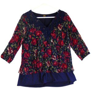 Lee Womens XL Blouse 3/4 Sleeve Floral V Neck Floral Sheer
